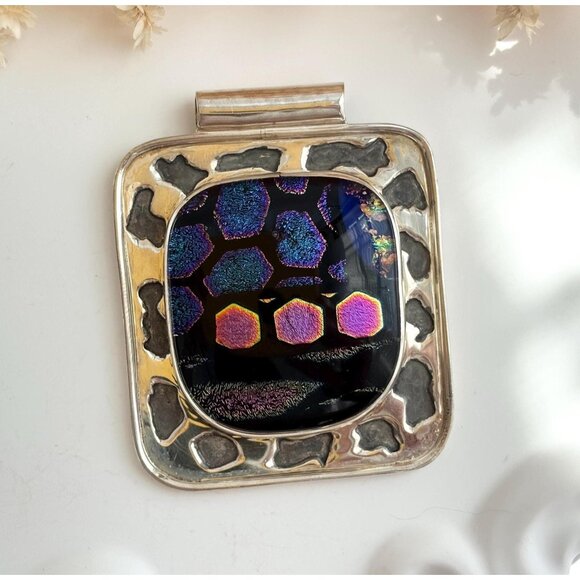 Barbie Koncher Signed Dichroic Art Glass Geometric Cutout 925 XL Vintage Pendant - Picture 1 of 10
